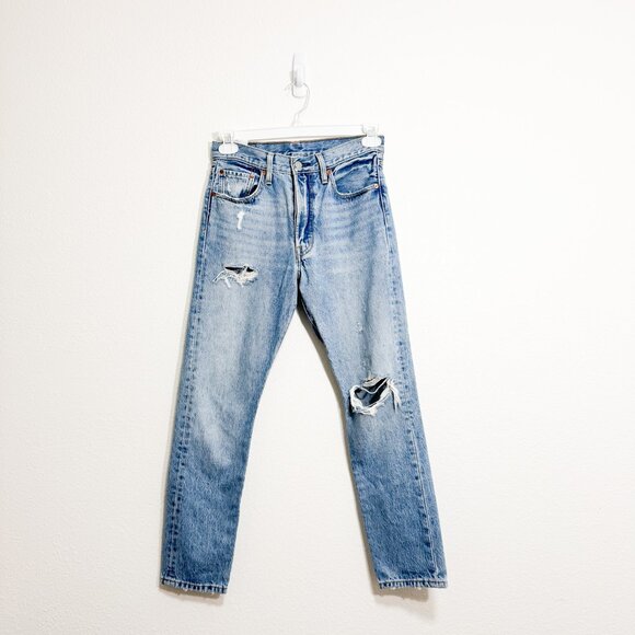 ☀️ LEVI'S Medium Wash 501 Skinny Jeans Size 27 Distressed Busted Knee Button Fly - Picture 1 of 12